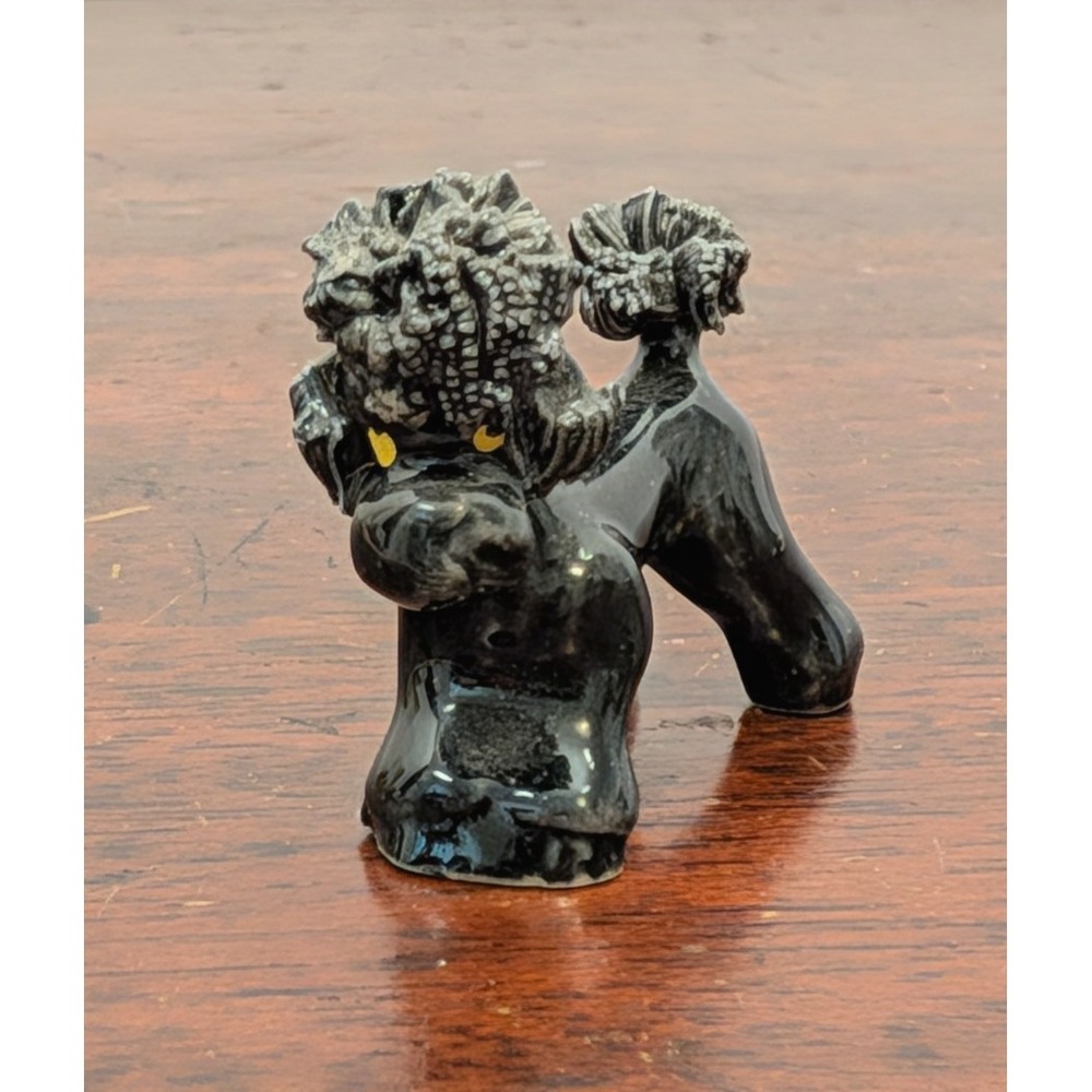 Vintage Ceramic Poodle Figurine 2" Spaghetti Fur Mid Century Black Japan Style